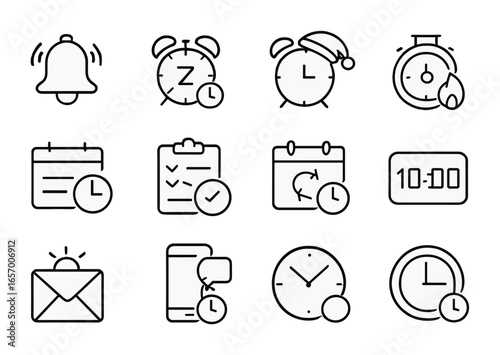 Clock Notification Icons. Outline vector icons of clock-related notifications: ringing bell, snooze alert,