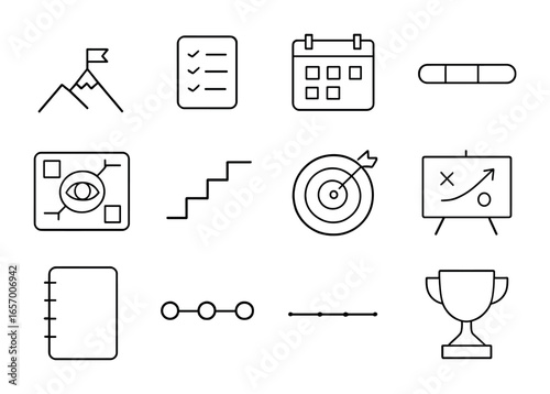 Goal Achievement Icons. Outline vector icons of setting and achieving long-term goals: mountain peak, flag on