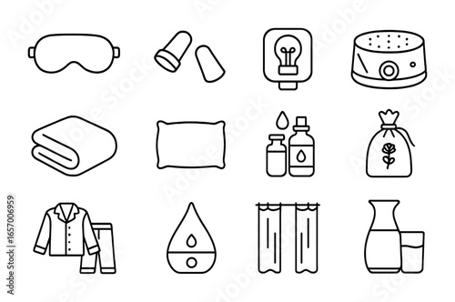 Sleep Accessories Icons. Outline vector icons of sleep accessories: sleep mask, earplugs, night light, white