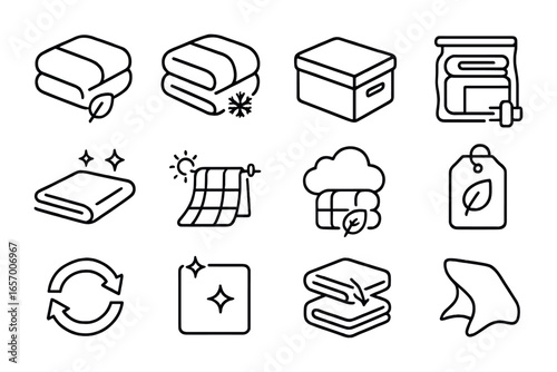Seasonal Bedding Icons. Outline vector icons of seasonal bedding change: summer duvet, winter blanket, storage