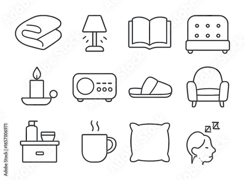 Bedtime Relaxation Icons. Outline vector icons of bedtime relaxation zone: fluffy duvet, dim light, bedtime