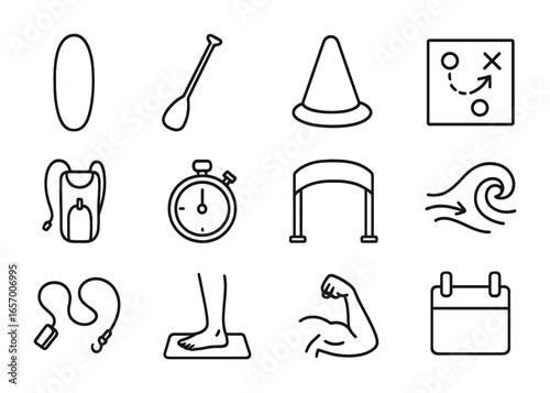 Paddleboarding Race Icons. Outline vector icons of stand-up paddleboarding races: paddleboard, single paddle,