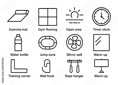 Fitness Icon Grid. Outline vector icons of jump rope workout space: exercise mat, gym flooring, open area,