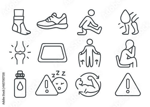 Jump Rope Safety Icons. Outline vector icons of jump rope safety and injury prevention: ankle brace, proper