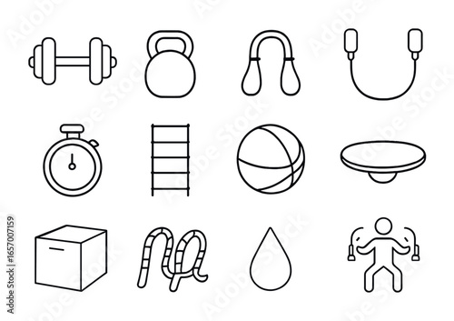 Cross-Training Vector Icons. Outline vector icons of cross-training with jump rope: dumbbell, kettlebell,