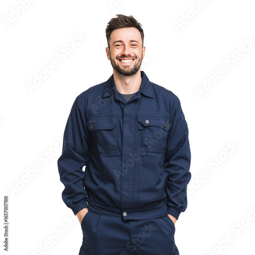 Portrait of smiling worker in blue uniform on isolated background on transparent background