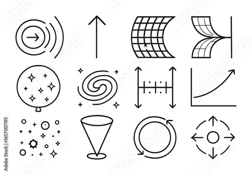 Expanding Universe Icons. Outline vector icons of the expanding universe: redshift wave, expansion arrow,
