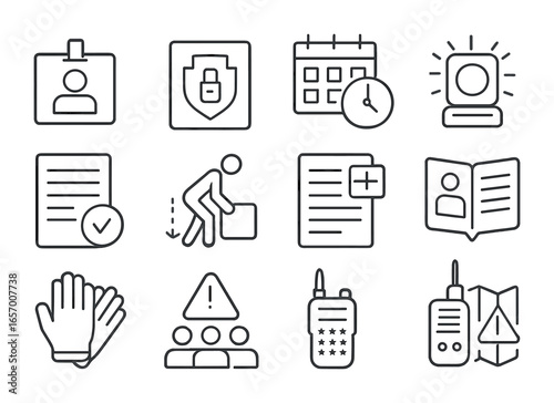 Staff Safety Icons. Outline vector icons of staff safety measures: ID badge, secure door, shift schedule,