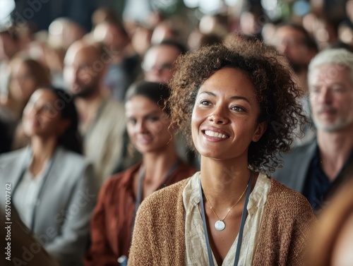 Diverse crowd at a business conference with a smiling professional woman in the foreground