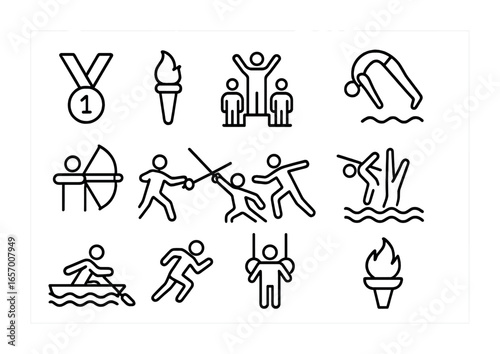 Olympic Sport Icons. Outline vector icons of Olympic sports photography: gold medalist, torch icon, podium