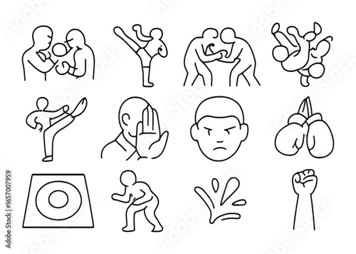 Combat Sports Icons. Outline vector icons of combat sports action: boxing jab, MMA kick, wrestling grip, judo
