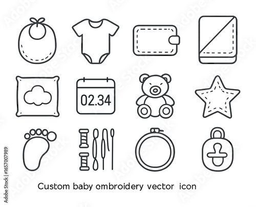 Baby Embroidery Icons. Outline vector icons of custom baby embroidery: baby bib, onesie icon, name tag, soft