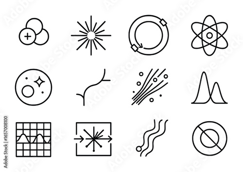 Particle Physics Icons. Outline vector icons of particle physics in space: proton icon, neutron burst,