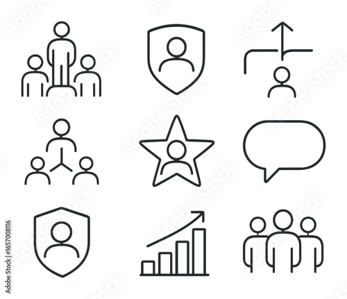 Leadership Icon Grid. Outline vector icons of personal leadership: lead icon, mentor badge, decision path,