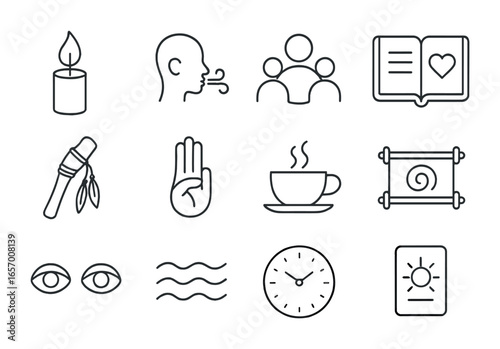 Mindfulness Icons Grid. Outline vector icons of mindfulness and connection rituals: candle flame, breathing