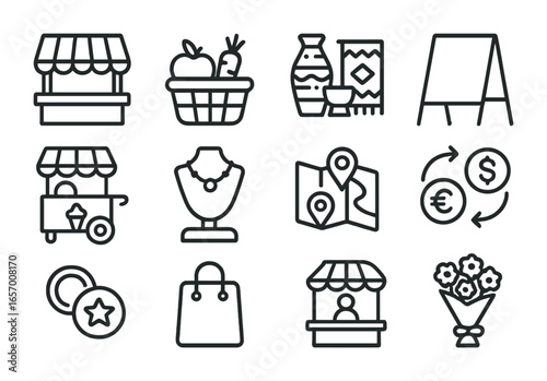 Street Market Icons. Outline vector icons of street fairs and markets: vendor stall, produce basket, handmade