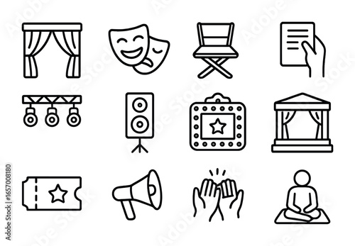 Open-Air Theater Icons. Outline vector icons of open-air theater and shows: curtain icon, actors mask,