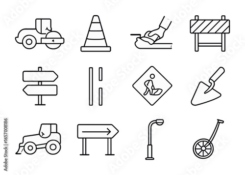 Road Construction Icons. Outline vector icons of road construction work: road roller, traffic cone, asphalt