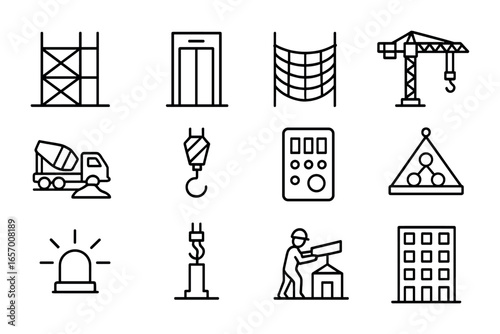 Construction Icon Grid. Outline vector icons of high-rise building construction: steel frame, elevator lift,