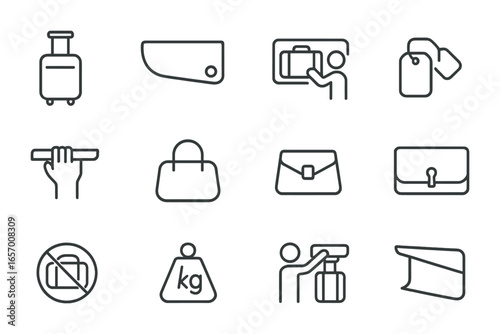 Overhead Storage Icons. Outline vector icons of overhead storage use: rolling luggage, cabin bin, stow icon,