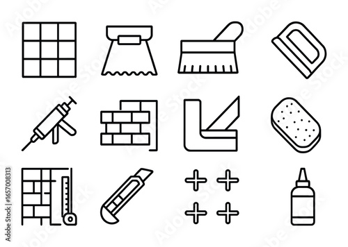 Kitchen Backsplash Icons. Outline vector icons of installing a modern backsplash in the kitchen: tile sheet,