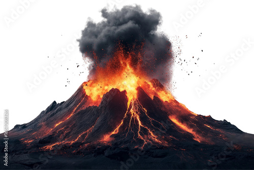 Powerful volcano eruption with glowing lava isolated on transparent. Hot lava and ash smoke volcano explosion PNG