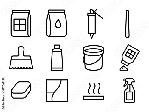 Adhesive Supply Icons. Outline vector icons of adhesive and grout supplies: tile adhesive, grout bag, silicone