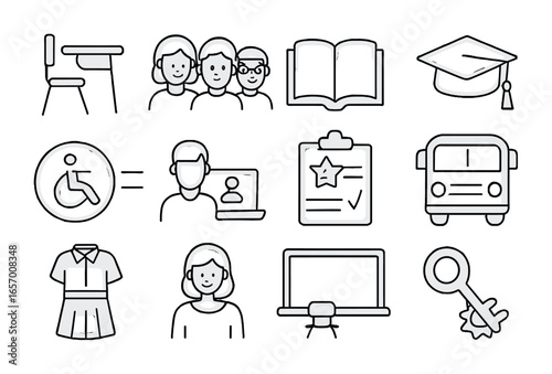 Inclusive Education Icons. Outline vector icons of inclusive education: school desk, diverse students, open