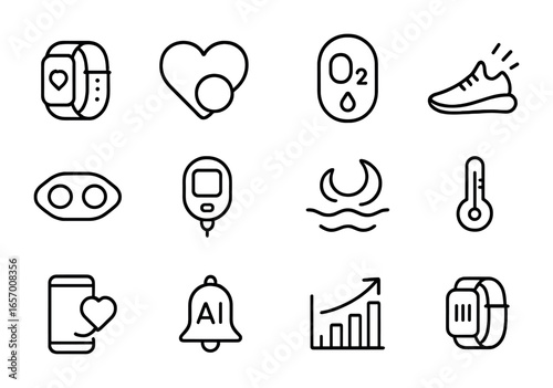 Wearable Health Tech Icons. Outline vector icons of wearable health tech: smart band, pulse sensor, blood