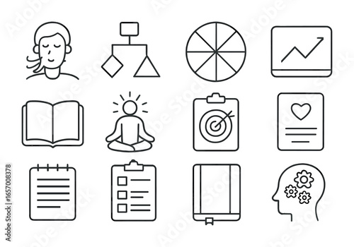 Therapy Tools Icons Grid. Outline vector icons of therapy tools and techniques: breathing exercise, CBT chart,