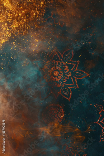 A vibrant abstract background with gold and blue hues, featuring intricate floral patterns. Dussehra holiday celebrations, vertical banner, copy space, free space for text