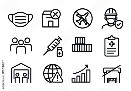 Pandemic Supply Chain Icons. Outline vector icons of pandemic-related supply chain issues: face mask icon,