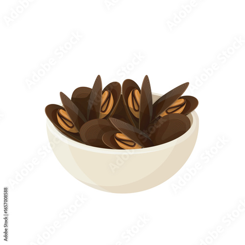 Seafood vector illustration of mussels in boul in flat detailed style. Isolated design of marine food ingredient for menu, advertisement designs 