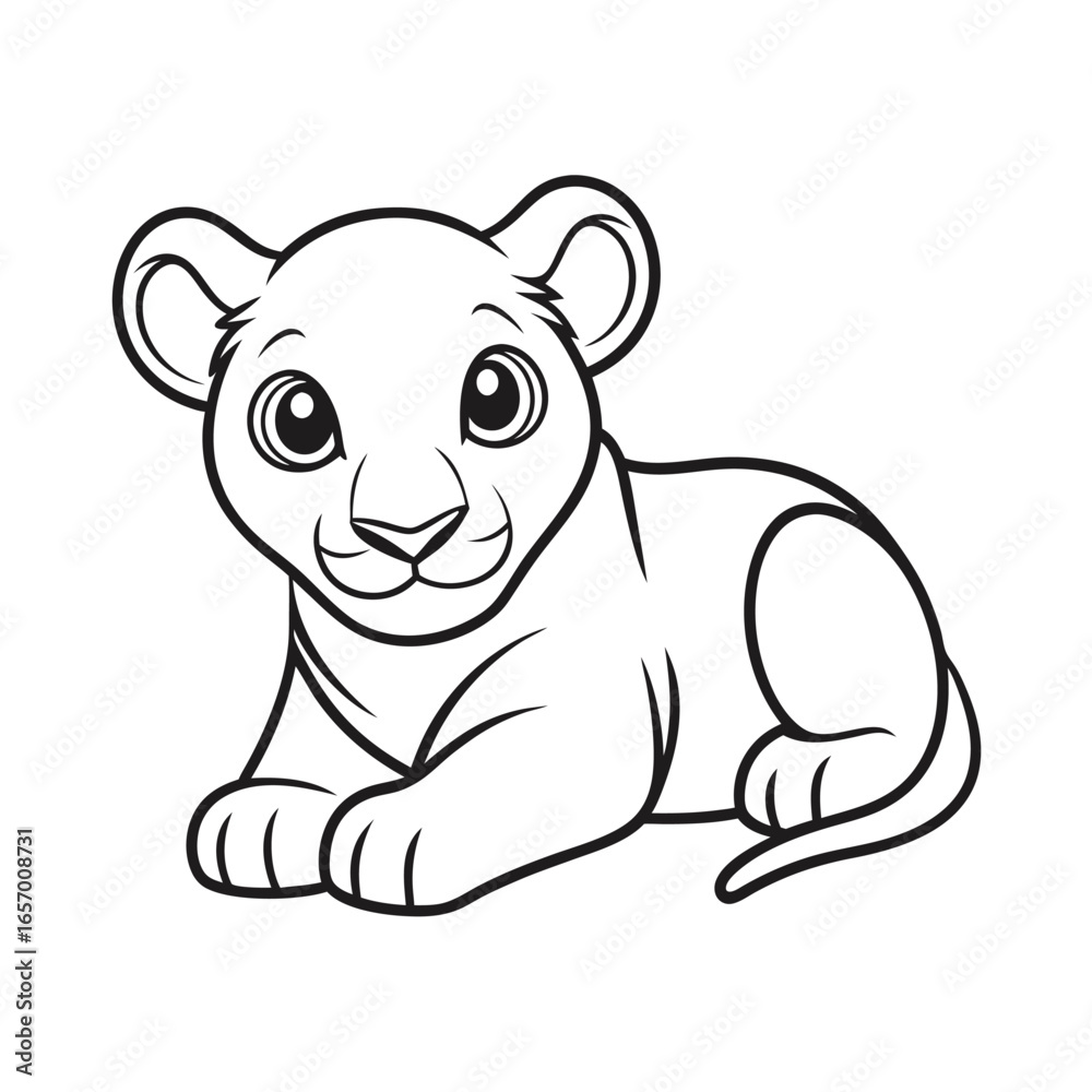Fototapeta premium A cute lion cub lies its belly looking forward with big eyes animal baby