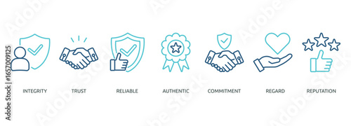 credibility outline color banner icon of integrity, trust, reliable, authentic, commitment, regard, reputation