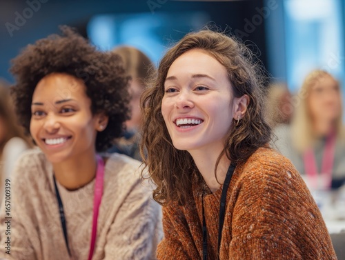 Female colleagues interacting at a corporate workshop with happy smiles and engaging conversations
