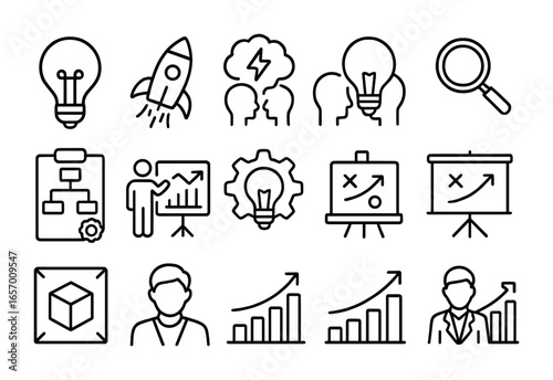 Business Idea Icons. Outline vector icons of business ideas: lightbulb, rocket launch, brainstorming, market
