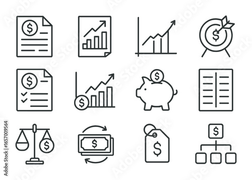 Financial Icons Grid. Outline vector icons of financial planning for business: budget sheet, income forecast,