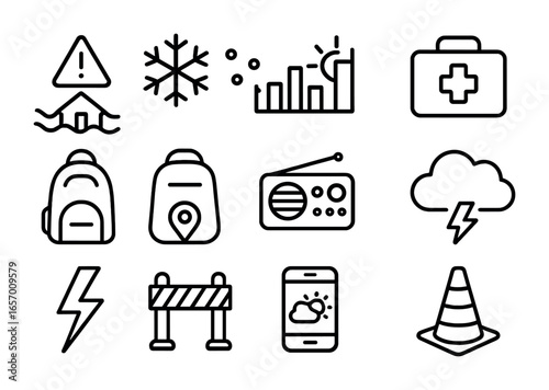 Seasonal Emergency Icons. Outline icon set of seasonal emergencies: flood alert, blizzard icon, heatwave chart
