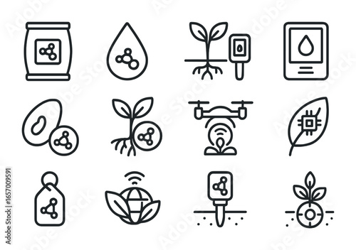 Nanotech Agriculture Icons. Outline icon set of nanotech in agriculture: nano fertilizer, pesticide droplet,
