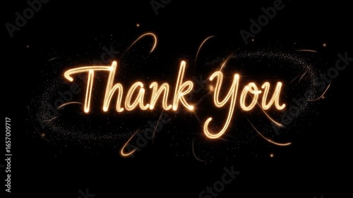 Elegant Thank You Text Animation with Golden Sparkles on Black Background, gratitude message