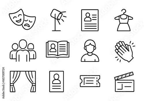 School Play Icon Set. Outline icon set of school play performances: theater mask, stage spotlight, cast list,