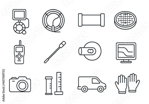 Sewer Inspection Tool Icons. Outline icon set of sewer line inspection tools: inspection camera, flexible rod,