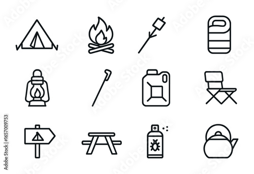 Camping Icon Set. Outline icon set of camping activities: tent, campfire, marshmallow stick, sleeping bag,