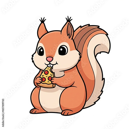 Cute squirrel sitting and enjoying a delicious slice of Italian pizza. Funny character, illustration for menu and advertisement