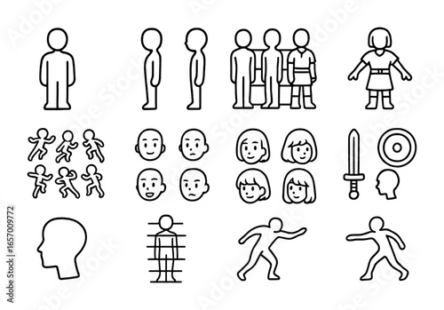 Character Design Icons. Outline icon set of character design: front view, side view, turnaround sheet, costume
