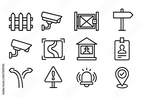 Reserve Boundary Icons. Outline icon set of reserve boundary infrastructure: fence line, surveillance camera,