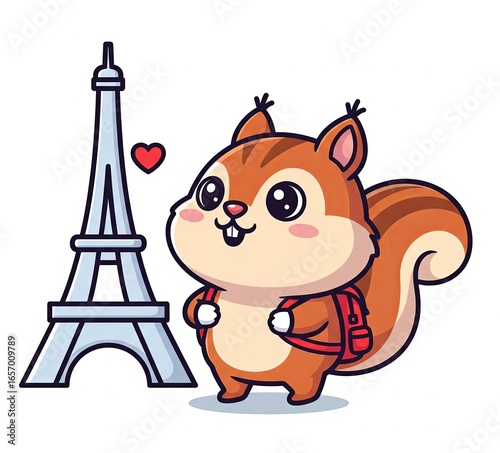 A traveler squirrel posing with the Eiffel Tower in the background, ready to explore the world and new places.