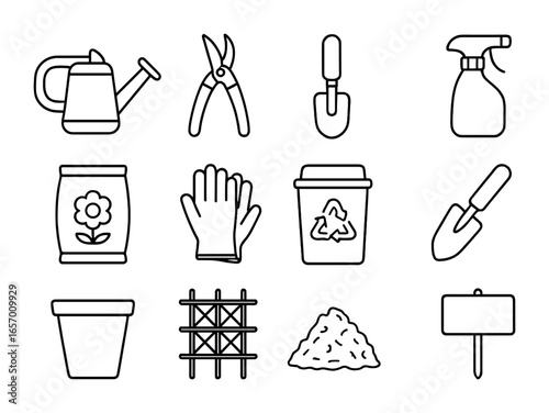 Garden Tool Icons. Outline icon set of flower care tools: watering can, pruner, spade, spray bottle, soil bag,