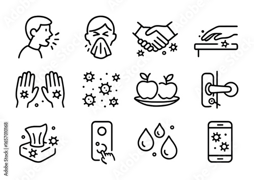 Germ Spread Icons. Outline icon set of how germs spread: coughing person, sneezing face, handshake,